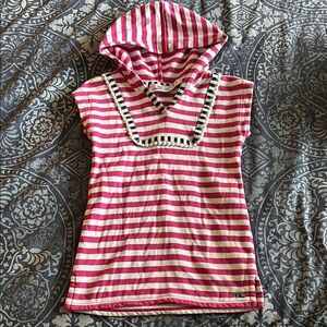 Pink and White Striped Hooded Top